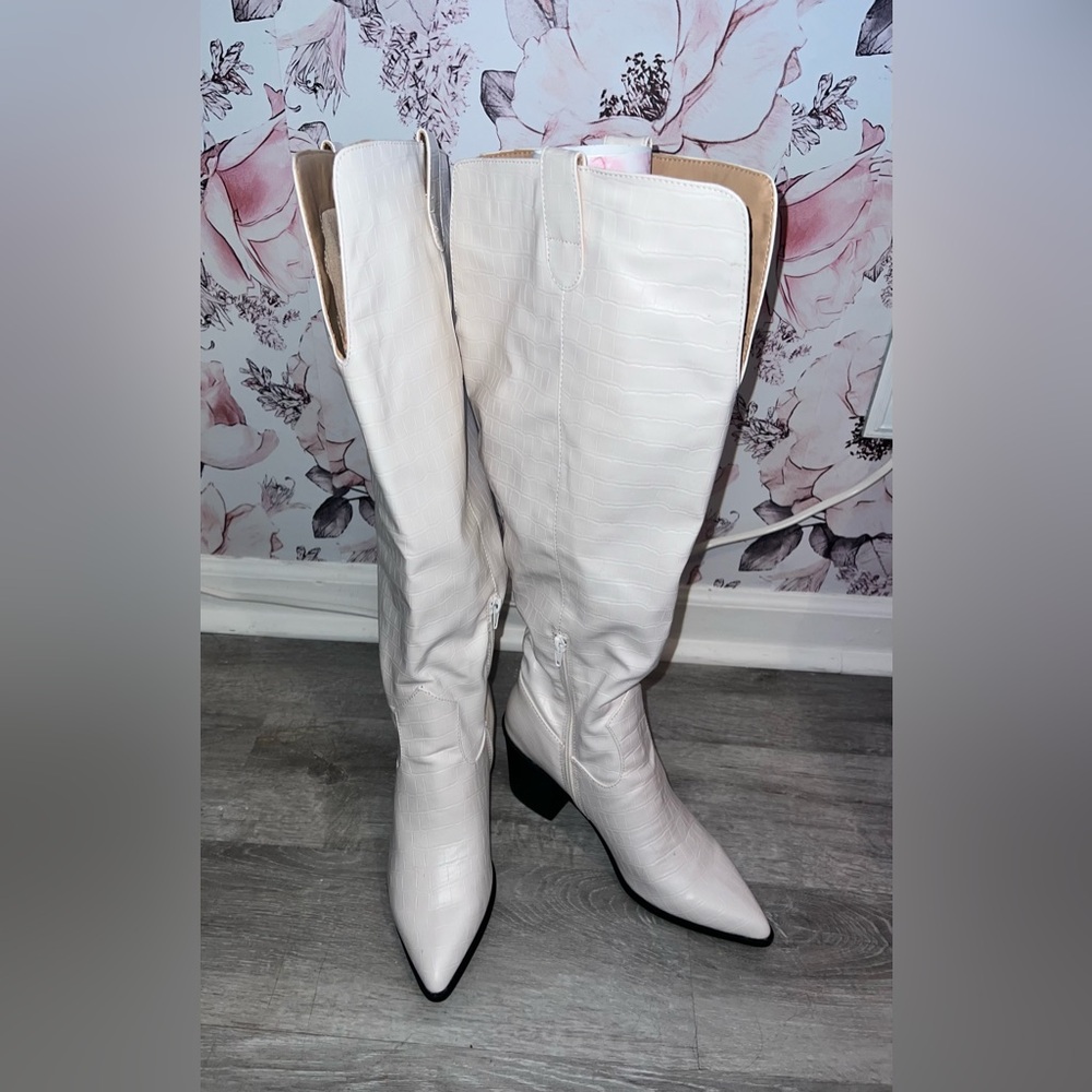 White Wide Calf Knee High Boot